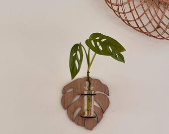 Monstera Leaf Propagation Vase | Walnut Wood Wall Hanging Decor