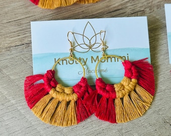 Gold Hoops, Boho, Lightweight, Macreme, Kansas City Chiefs Colors, Earrings