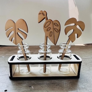 May include: A rectangular wooden stand with three circular cutouts holding three small, clear glass vials. Each vial contains a light brown, laser-cut wooden plant stake shaped like a monstera leaf, with one stake featuring a unique fenestration.