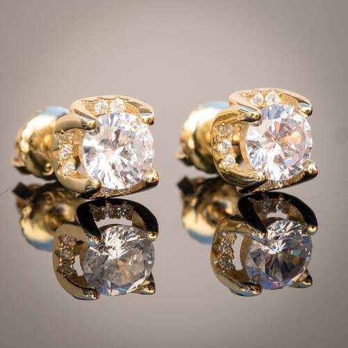 thumbnail image 2 of Square Princess Cut Cz 14k Gold Plated 925 Sterling Silver Unisex Stud Screw Back Earrings 2 of 11