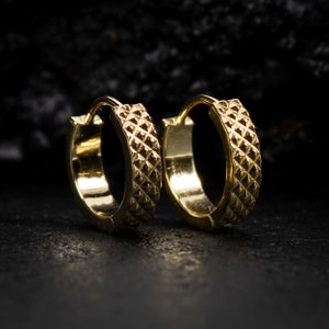 Men's 14K Solid Gold Plated Sterling Silver Diamond Cut Huggie Hoop Earrings