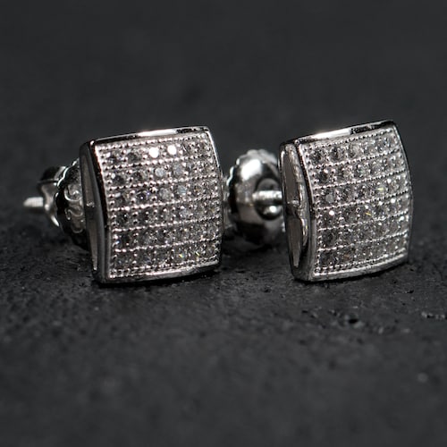 Mens Square Sterling Silver Iced Emerald Cut Hip Hop Earrings Etsy