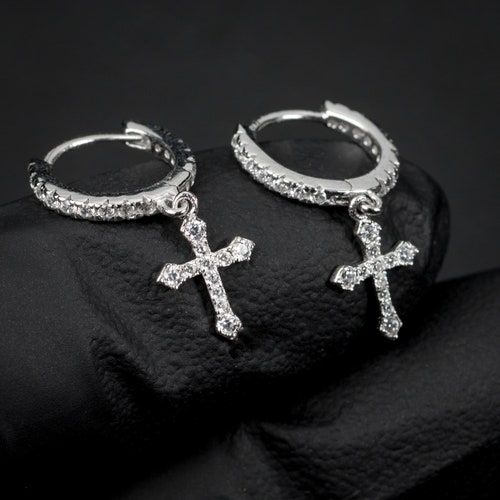 Sterling Silver Cube Earrings With Dangle Cross Mens - Etsy