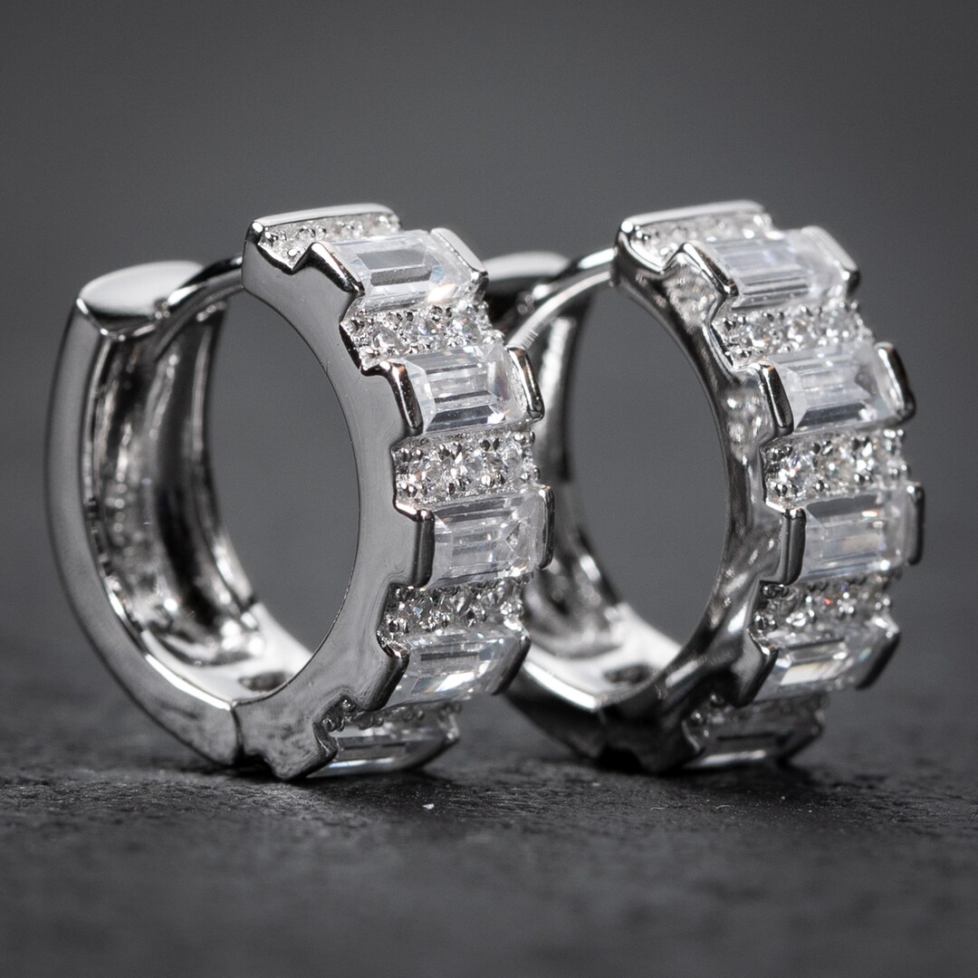 thumbnail image 2 of Men's Small Hoop Earrings - White Gold Plated 925 Sterling Silver With CZ Stones 2 of 12