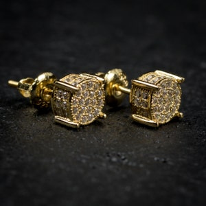 Mens 14K Yellow Gold 4 Prong Iced Bullet Stud Earrings