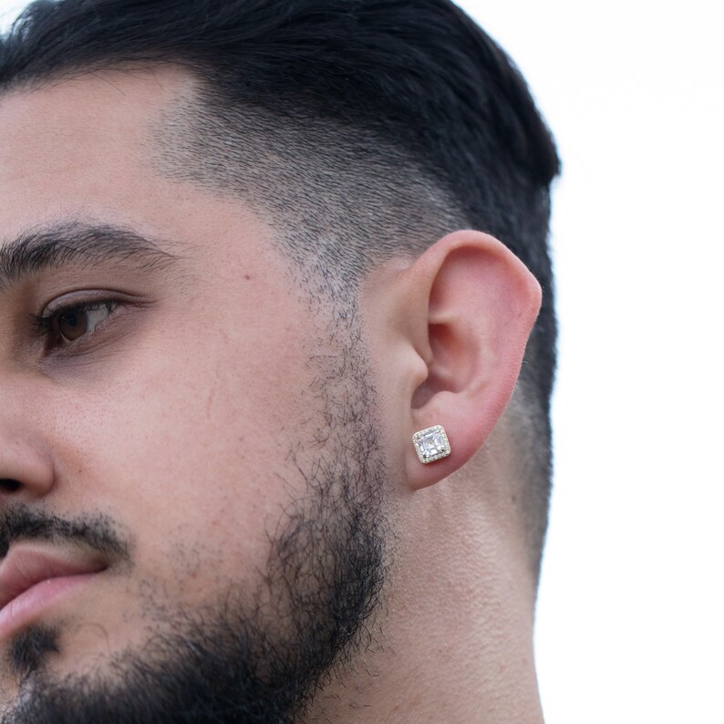 Square 14K Gold Iced Cz Emerald Cut Men's Stud Earrings Etsy