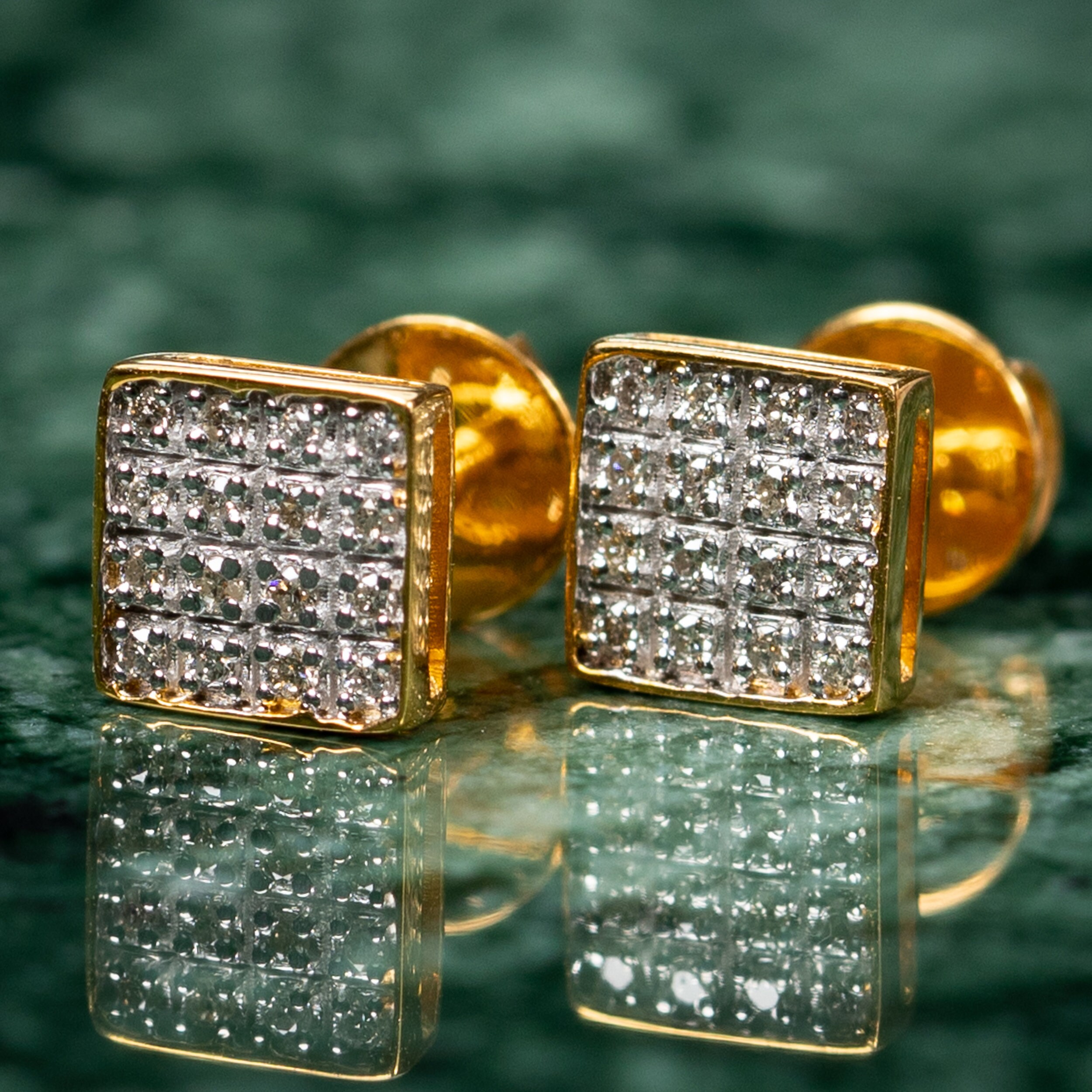 Men s Real 10K Yellow Gold 0.16Ct Natural Diamond Square Stud Screw Back Earrings
