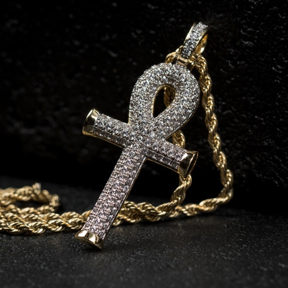 Buy Mens 14k Gold Iced Cz Egyptian Ankh Cross Pendant Necklace