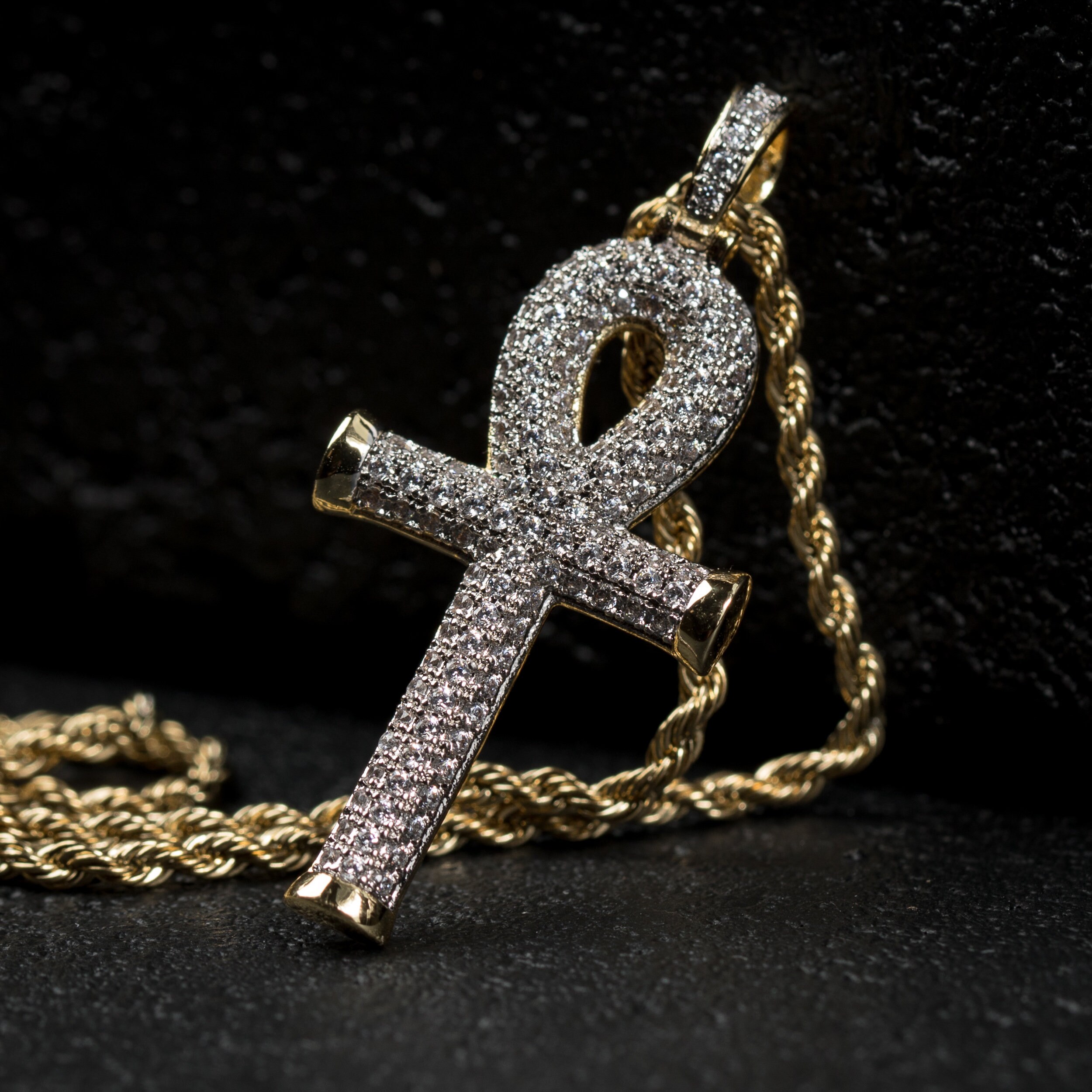 Mens 14k Gold Iced Cz Egyptian Ankh Cross Pendant Necklace Etsy