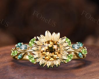 Sunflower Citrine Round Engagement Ring Peridot Moss Agate Emerald Leaf Cluster Vintage Twist Vine Promise Ring For Her 14k Yellow Gold Boho