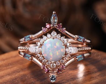 Vintage Round Opal Halo Engagement Ring Set Unique Pink Tourmaline Cluster Double Curved Alexandrite Wedding Band October Birthstone Ring