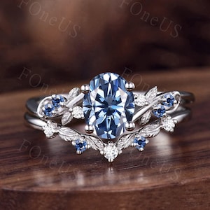 Twist Vine Bypass Oval Cut Blue Moissanite Engagement Ring Set, Leaf Wedding Ring Set, Nature Inspired Bridal Set, Fairy Tale Promise Ring