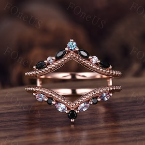 Double Curved Alexandrite wedding band enhancer rose gold marquise cut wedding band Vintage Matching Stacking ring Anniversary ring