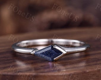 Minimalist Kite Cut Blue Goldstone Half Bezel Ring, Solitaire Galaxy Blue Sandstone Stackable Wedding Band, 14k White Gold Everyday Ring