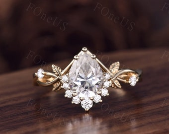 Twig Leaf Moissanite Engagement Ring Unique 14K Solid Gold Engagement Ring Art Deco Nature Inspired Ring For Women Wedding Bridal Ring