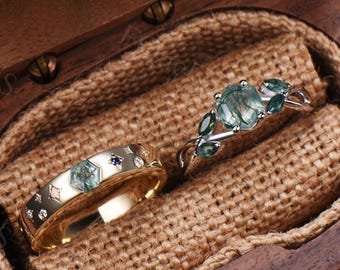 Hexagon Cut Moss Agate Couple Rings,Twist Vine Leaf Engagement Ring For Her, Celestial Star Wedding Band For Him, Matching Bridal Groom Set