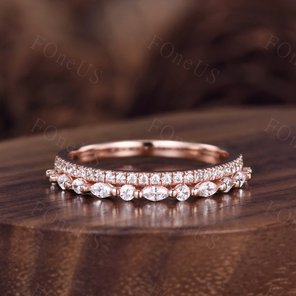 Unique Moissanite wedding band women Marquise cut Half eternity band Rose gold band vintage Stacking Matching bridal ring promise ring gift