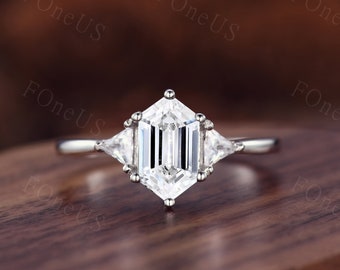 Vintage Elongated Hexagon Moissanite engagement ring Unique Three stone engagement ring White gold bridal ring Promise Anniversary ring