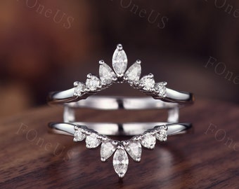 Double curved wedding Band unique white gold enhancer band vintage marquise diamond stacking matching band Promise ring Anniversary gift