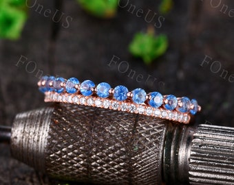 Blue Topaz Wedding Band, Topaz & Moissanite Wedding Band in Rose Gold, December Birthstone Ring, Vintage Double Band Ring, Anniversary Ring