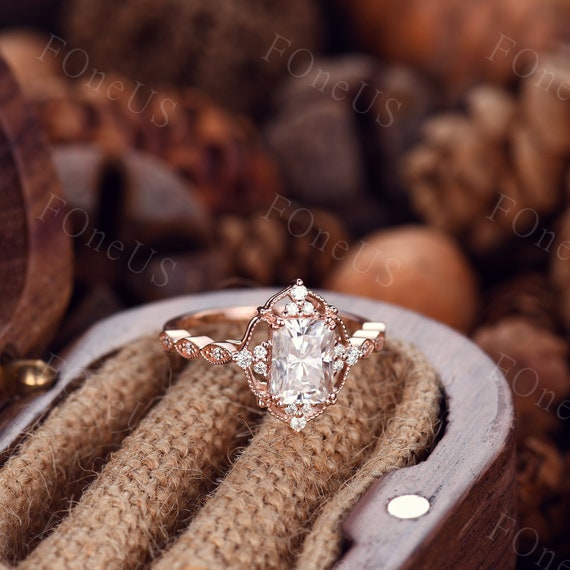 Vintage Radiant Cut Moissanite Engagement Ring Rose Gold Antique