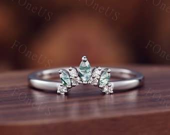 Zierlich gebogener Hochzeit Band Weißgold Moosachat Ehering Art Deco Marquise cut Moosachat Stacking Band Moissanit Band Geschenk für Sie
