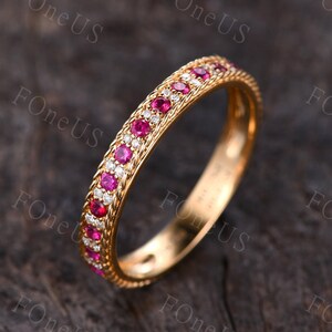 Vintage Ruby Moissanite Wedding Ring in 14K Solid Gold Unique Art Deco Women Wedding Ring 3/4 Eternity Stacking Band Anniversary Band Ring