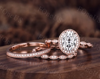 3pcs Oval Lab Grown Diamond Engagement Ring Set Vintage Halo Milgrain Art Deco Stacking Matching Wedding Band Bridal Promise Ring For Women