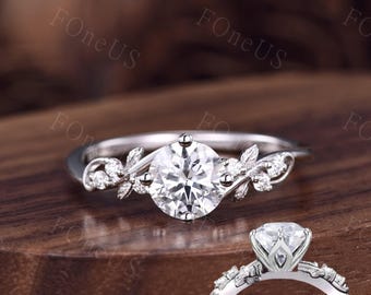 Moissanite Tulip Setting Round Engagement Ring, Leaf Twisted Vine Bypass Botanical Ring 14k White Gold Alternative Promise Ring For Her