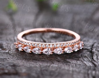 Moissanite Band, Half Eternity Bridal Ring, Vintage Pear cut Wedding Band, Rose Gold Wedding Band, Art Deco Band, Unique Anniversary Gift