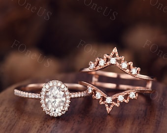 Oval Moissanite Engagement ring set rose gold Vintage Enhancer Wedding Band Unique double curved Stacking matching band Anniversary Gift