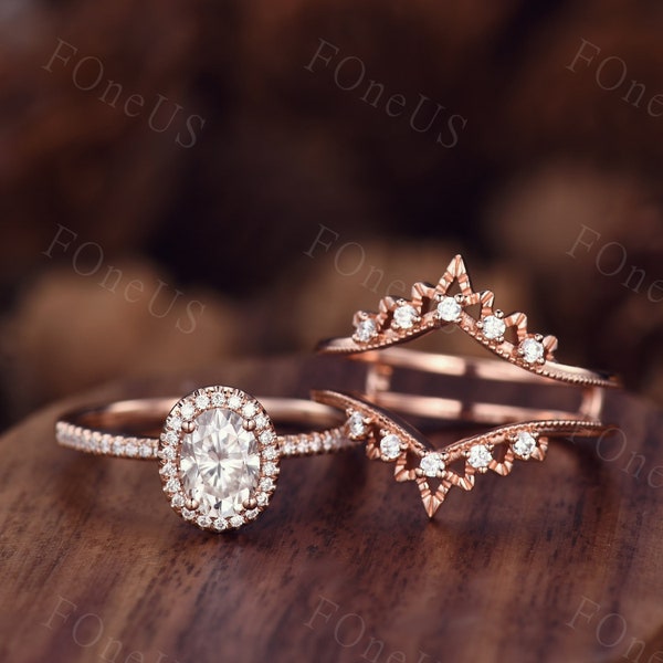 Oval Moissanite Engagement ring set rose gold Vintage Enhancer Wedding Band Unique double curved Stacking matching band Anniversary Gift