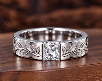 5mm Princess Cut Moissanite Half Bezel Men's Wedding Band,Brushed Leaf Vine Ring,Platinum Nature Inspired Proposal Gift