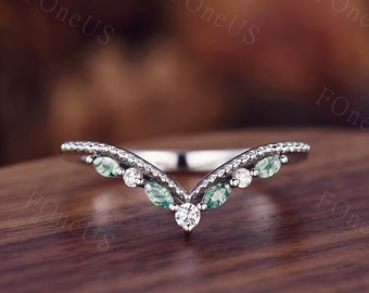Einzigartiger gebogener Ehering Marquise geschnitten Moosachat Ehering Art Deco Milgrain Moissanit Brautring Jahrestagsgeschenk für sie
