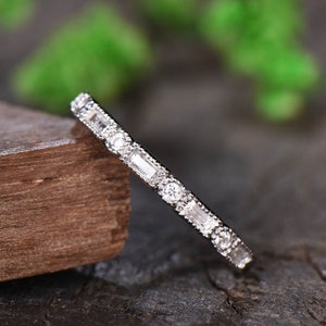 Vintage Moissanite Wedding Band Half Eternity Baguette Ring White Gold Ring Matching Band Anniversary Gift for her