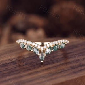 Vintage Moss Agate Wedding Band Unique Marquise cut Green Agate Cluster Ring Women Yellow Gold Ring Moissanite Pave Band Bridal Promise Ring