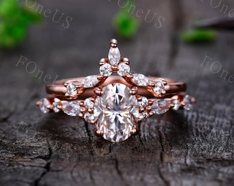 Oval Moissanite Engagement ring set Unique Marquise Moissanite Stacking Ring Vintage Rose Gold Bridal Wedding Ring Set Anniversary Rings