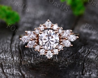 Vintage moissaniet verlovingsring unieke roségouden halo trouwring marquise cluster bruids belofte ring antieke huwelijksverjaardag cadeau
