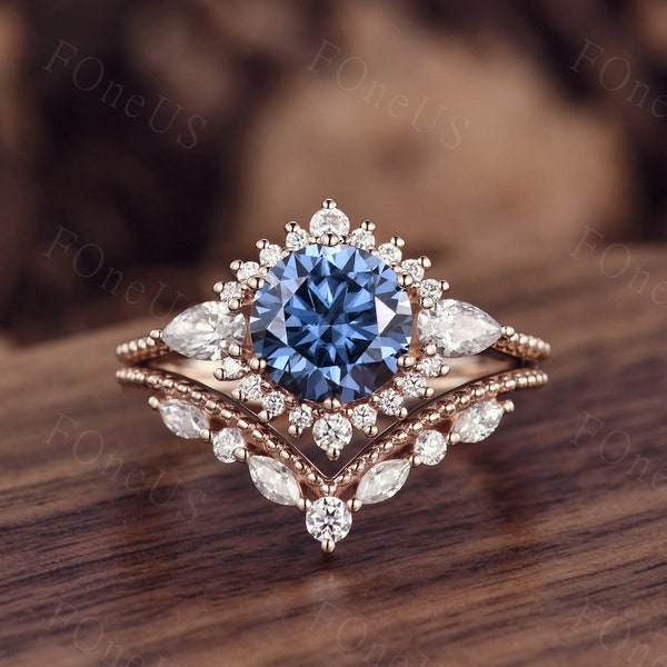 Vintage blue Moissanite engagement ring set unique rose gold engagement ring women marquise cut wedding band Antique Bridal Promise ring