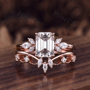 2CT Emerald cut Moissanite engagement ring set unique Rose gold engagement ring Women marquise cut wedding band vintage Bridal Promise ring