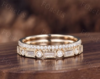 Baguette cut Moissanite Wedding Band Unique Half Eternity Band in Solid Yellow/Rose/White Gold Wedding Band Bridal Stacking Matching Band