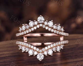 Double Curved Lab Grown Diamond Round Wedding Band Half Eternity Crown 14k Rose Gold Stacking Vintage Enhancer Unique Bridal Matching Ring