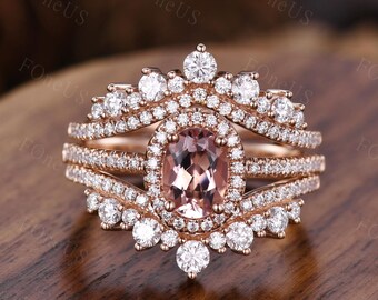 Ovalschliff Morganit Verlobungsring Doppelt gebogener Verlobungsring Roségold Moissanite Ehering Passend Stapelring Braut Versprechen Ring