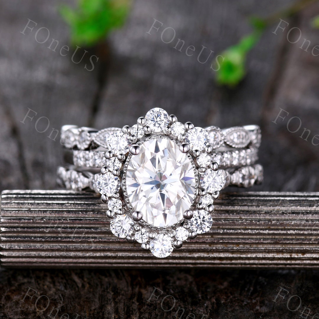 3PCS Moissanite Engagement Ring Set 14K White Gold Vintage Oval ...