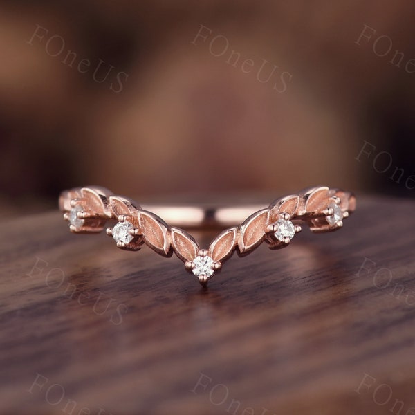 Unique curved moissanite wedding band art deco floral leaf ring rose gold wedding ring for women stacking band antique anniversary ring