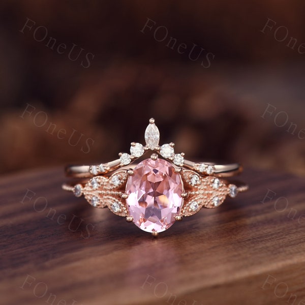 Pink Morganite Engagement Ring Set Rose Gold Oval Morganite Ring Art Deco Curved Stacking Band Moissanite Ring Vintage Bridal Promise Ring