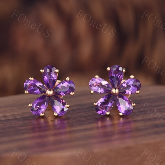 [LLOYD]韓国ブランド☆Flower Violet Amethyst Earring Purple Amethyst Flower Stud Earrings, Amethyst Flower