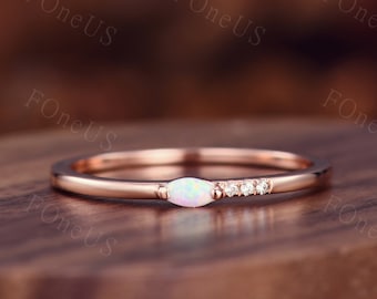 Delicate Opal wedding band Rose gold wedding band marquise cut band art deco Moissanite Stacking ring Minimalist ring Anniversary ring