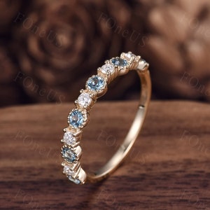 Antique Moissanite Blue Topaz band 14k solid gold half eternity wedding band unique art deco stacking band gemstone band anniversary ring