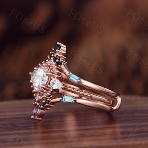 Vintage Moissanite Engagement Ring Set Unique Rose Gold Cluster